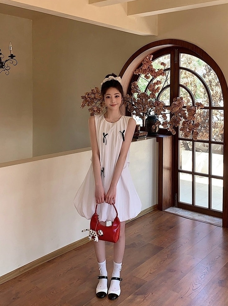 French Style Bow Sleeveless Bubble Mini Dress