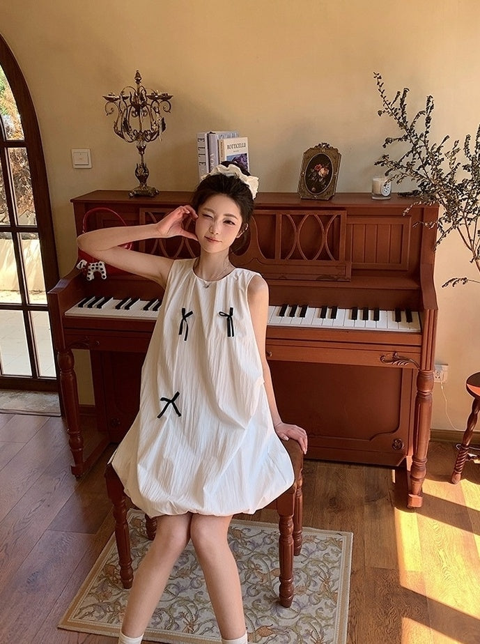 French Style Bow Sleeveless Bubble Mini Dress