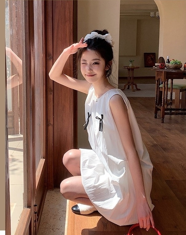 French Style Bow Sleeveless Bubble Mini Dress