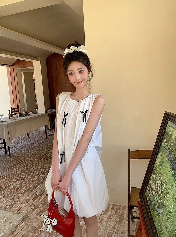 French Style Bow Sleeveless Bubble Mini Dress