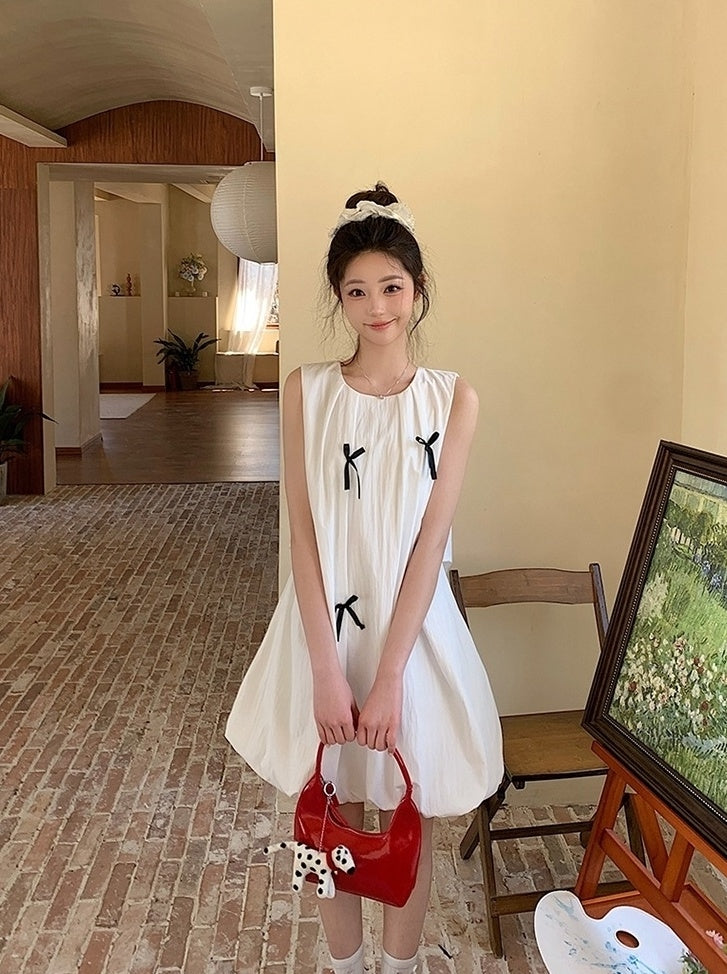 French Style Bow Sleeveless Bubble Mini Dress