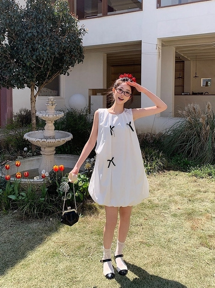 French Style Bow Sleeveless Bubble Mini Dress