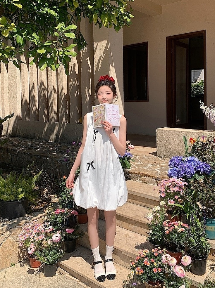 French Style Bow Sleeveless Bubble Mini Dress