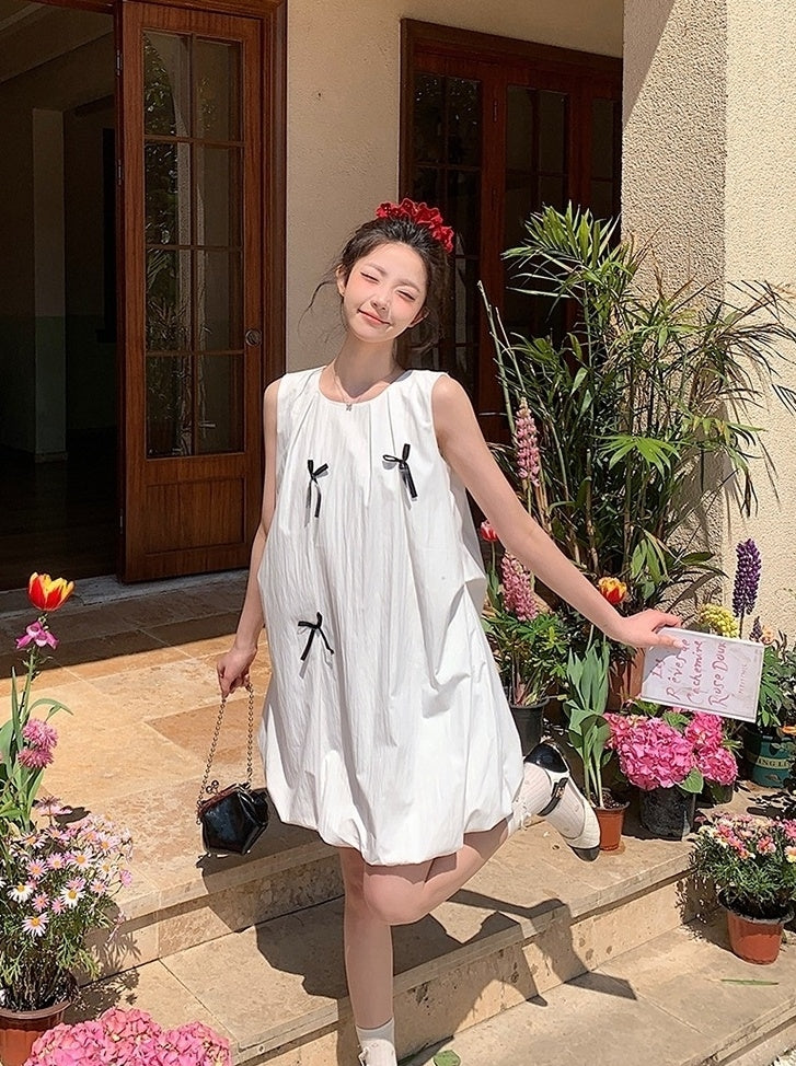 French Style Bow Sleeveless Bubble Mini Dress