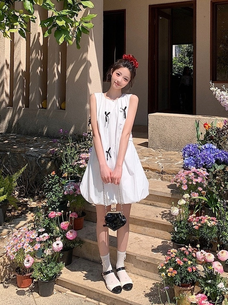 French Style Bow Sleeveless Bubble Mini Dress