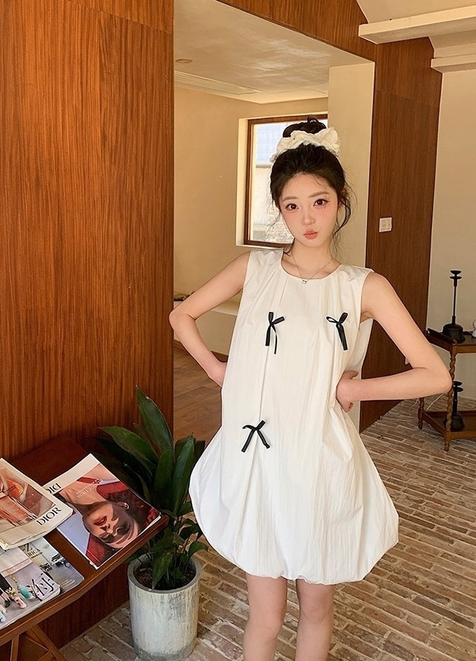 French Style Bow Sleeveless Bubble Mini Dress