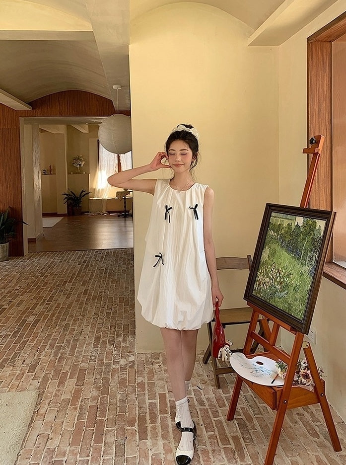 French Style Bow Sleeveless Bubble Mini Dress