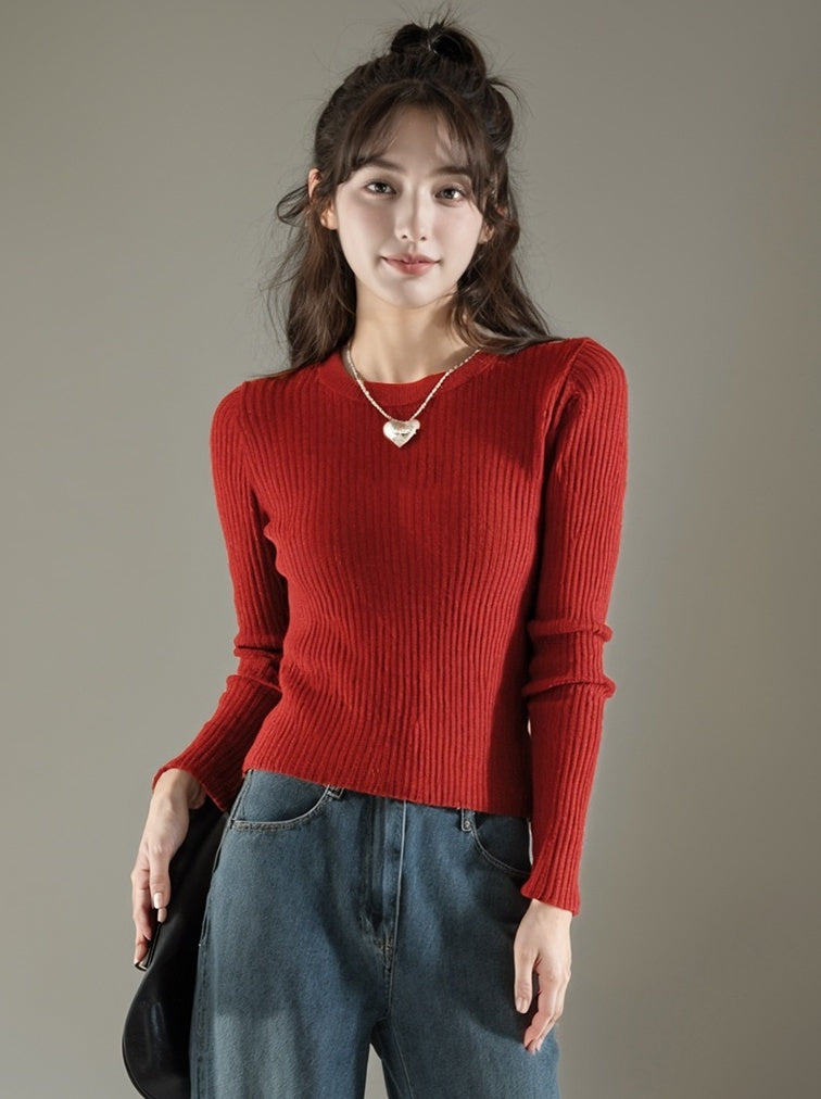 Red Plain French Style Long Sleeve Sweater