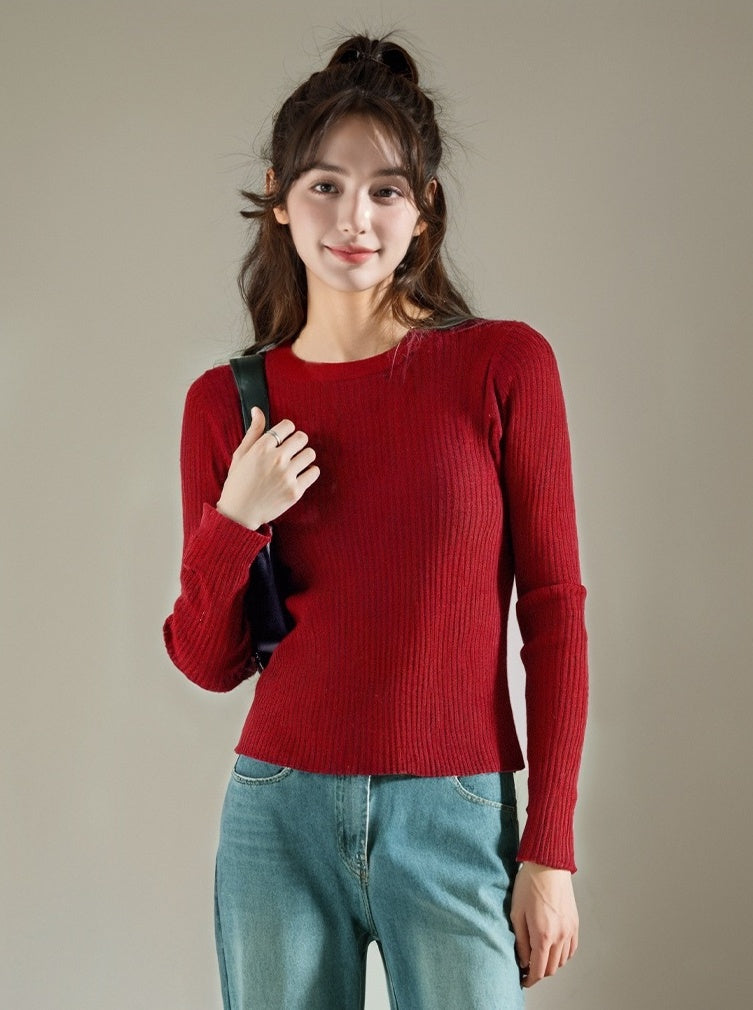 Red Plain French Style Long Sleeve Sweater
