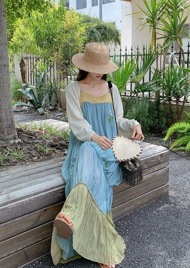 French Style Embroidered Colorblock Dress Cardigan Set