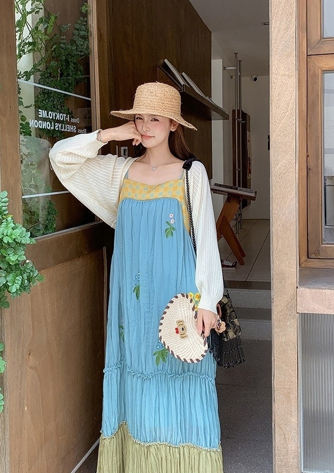 French Style Embroidered Colorblock Dress Cardigan Set