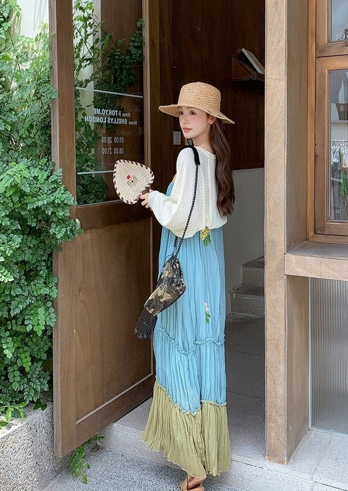 French Style Embroidered Colorblock Dress Cardigan Set