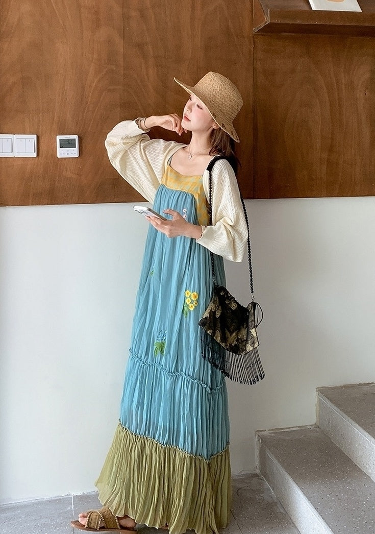 French Style Embroidered Colorblock Dress Cardigan Set