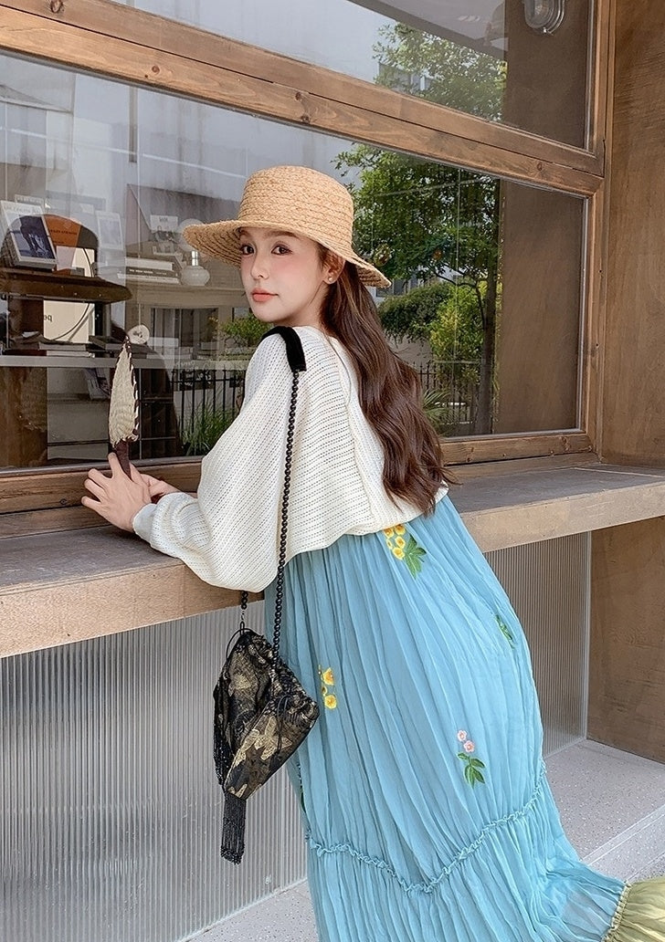 French Style Embroidered Colorblock Dress Cardigan Set