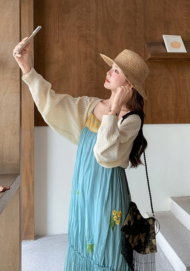 French Style Embroidered Colorblock Dress Cardigan Set