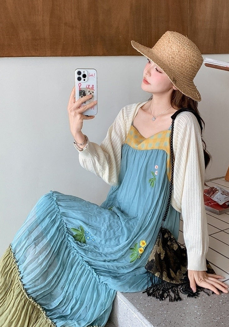 French Style Embroidered Colorblock Dress Cardigan Set