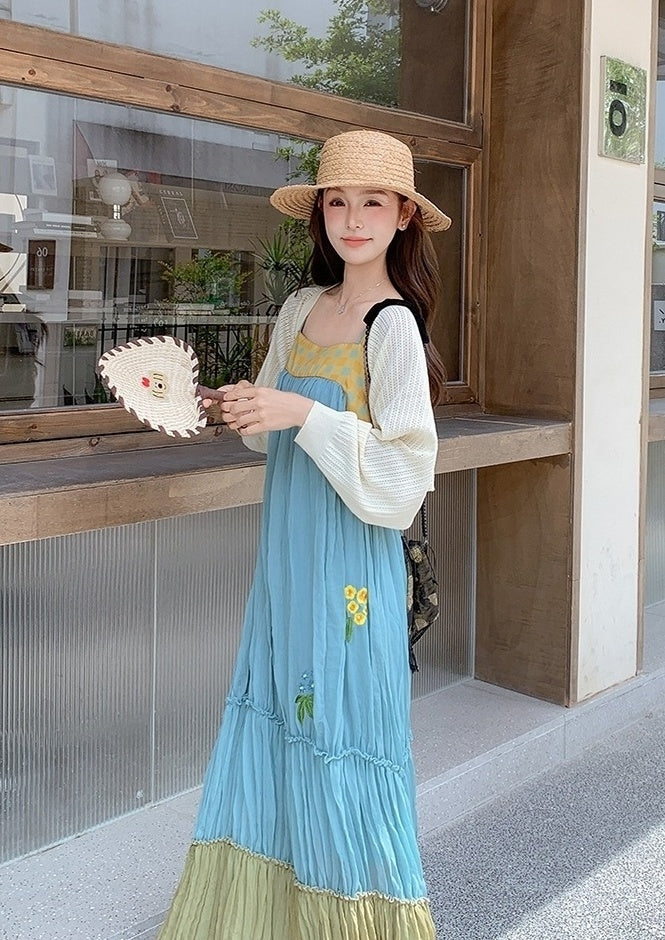 French Style Embroidered Colorblock Dress Cardigan Set