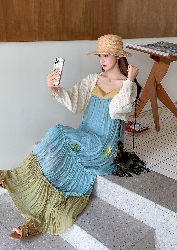 French Style Embroidered Colorblock Dress Cardigan Set