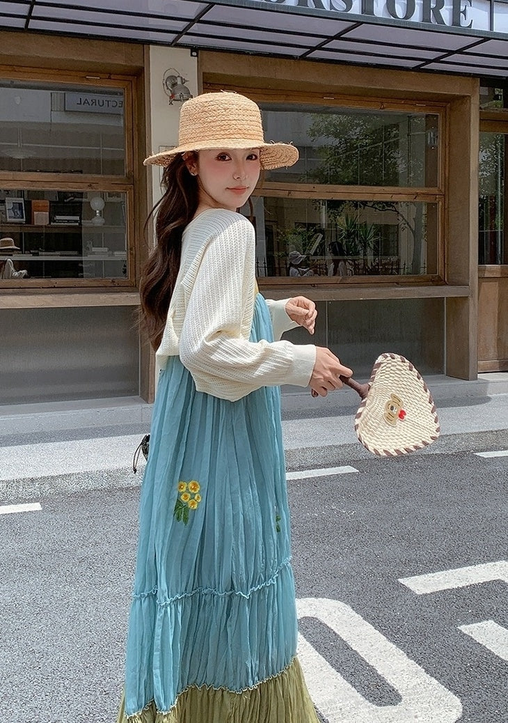 French Style Embroidered Colorblock Dress Cardigan Set