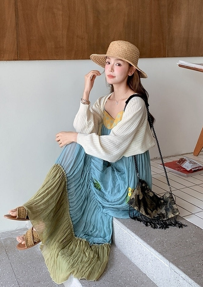 French Style Embroidered Colorblock Dress Cardigan Set