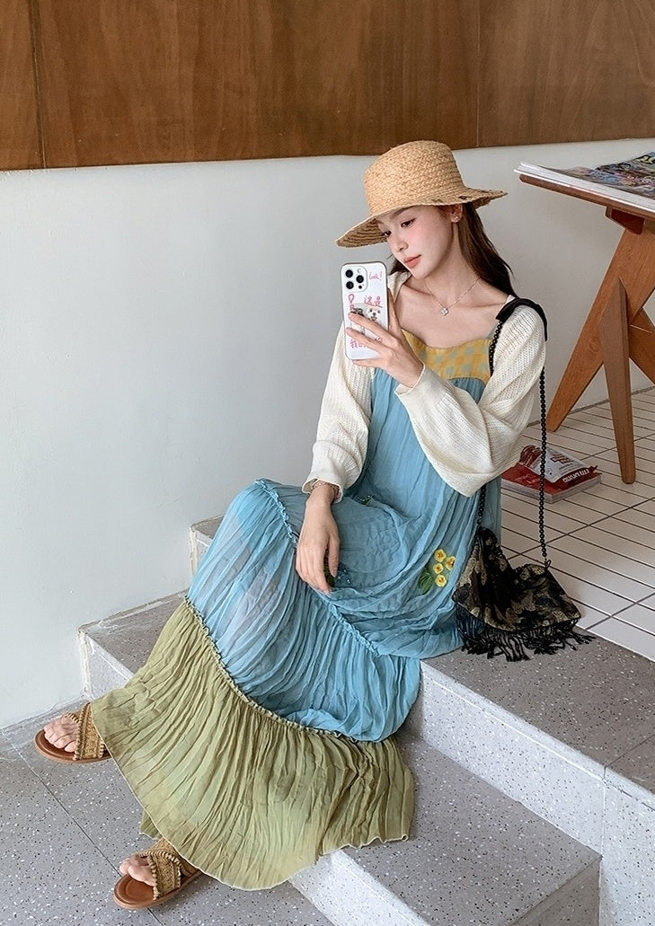 French Style Embroidered Colorblock Dress Cardigan Set