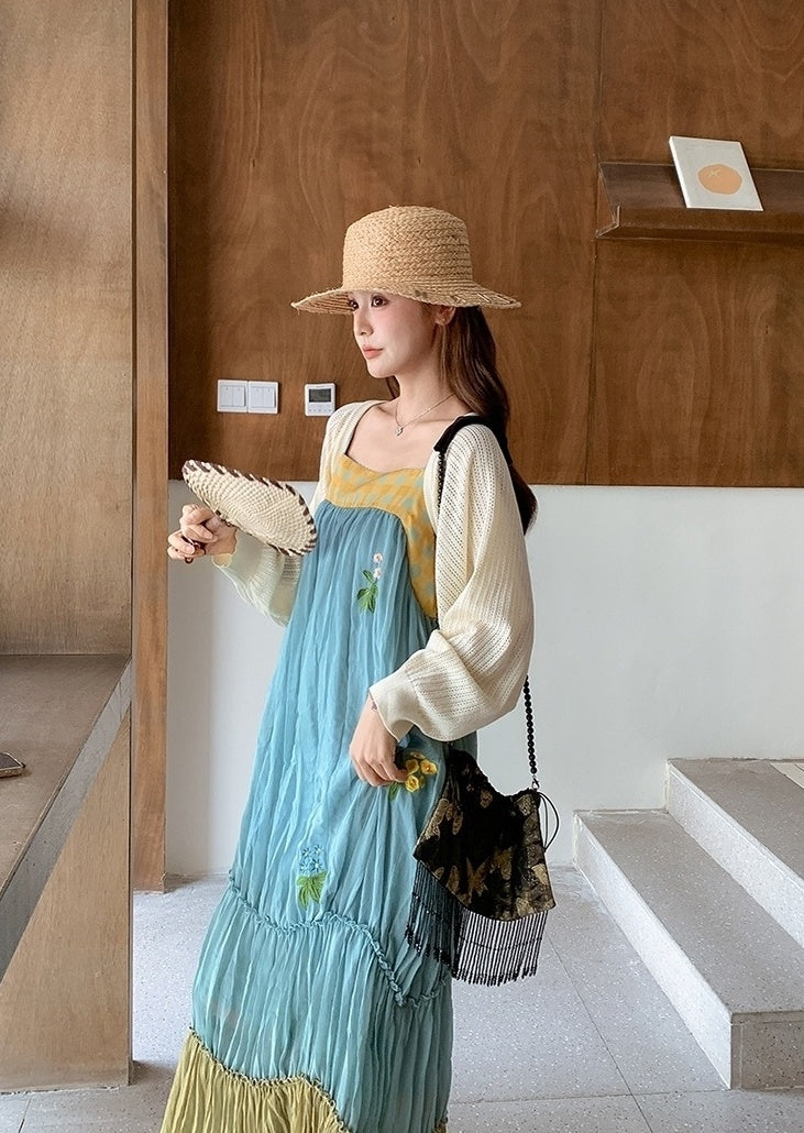 French Style Embroidered Colorblock Dress Cardigan Set