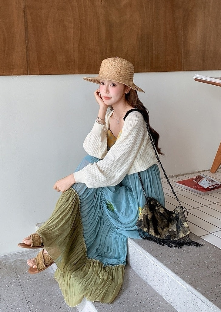 French Style Embroidered Colorblock Dress Cardigan Set
