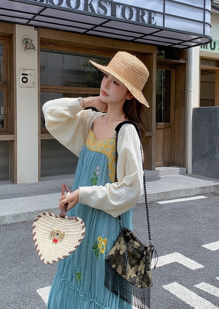 French Style Embroidered Colorblock Dress Cardigan Set