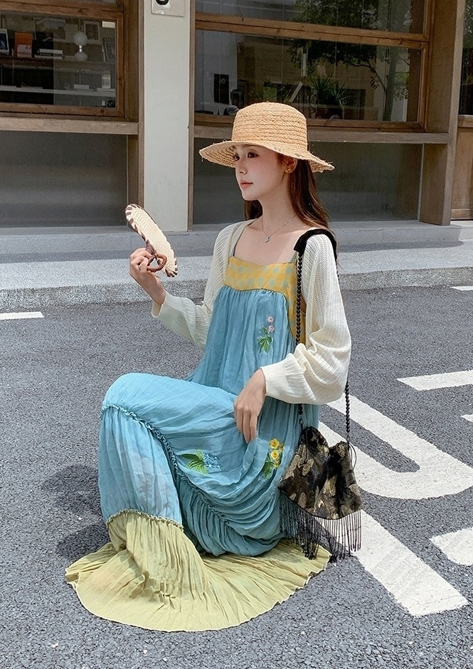 French Style Embroidered Colorblock Dress Cardigan Set