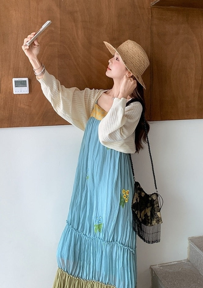 French Style Embroidered Colorblock Dress Cardigan Set