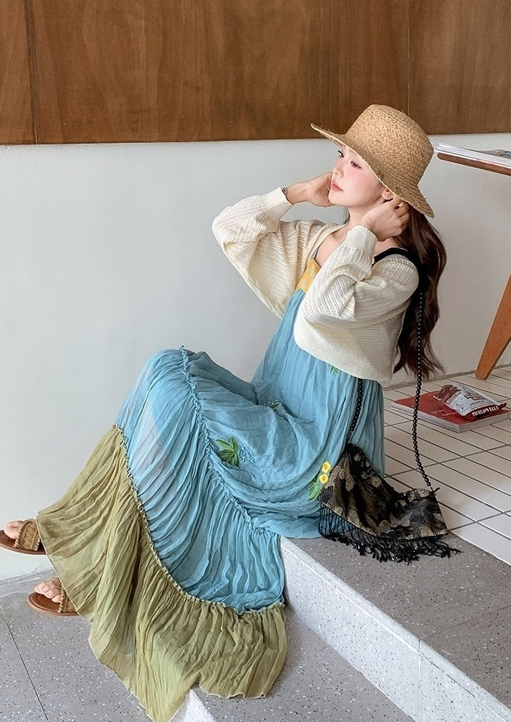 French Style Embroidered Colorblock Dress Cardigan Set