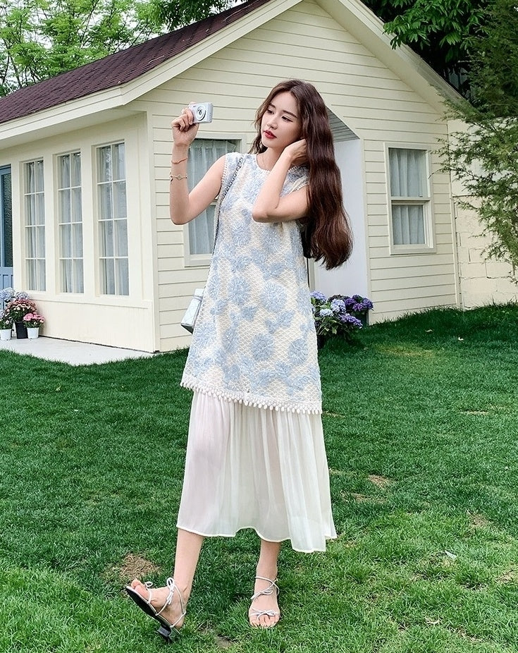 French Style Embroidered Layered Dress Summer Chic