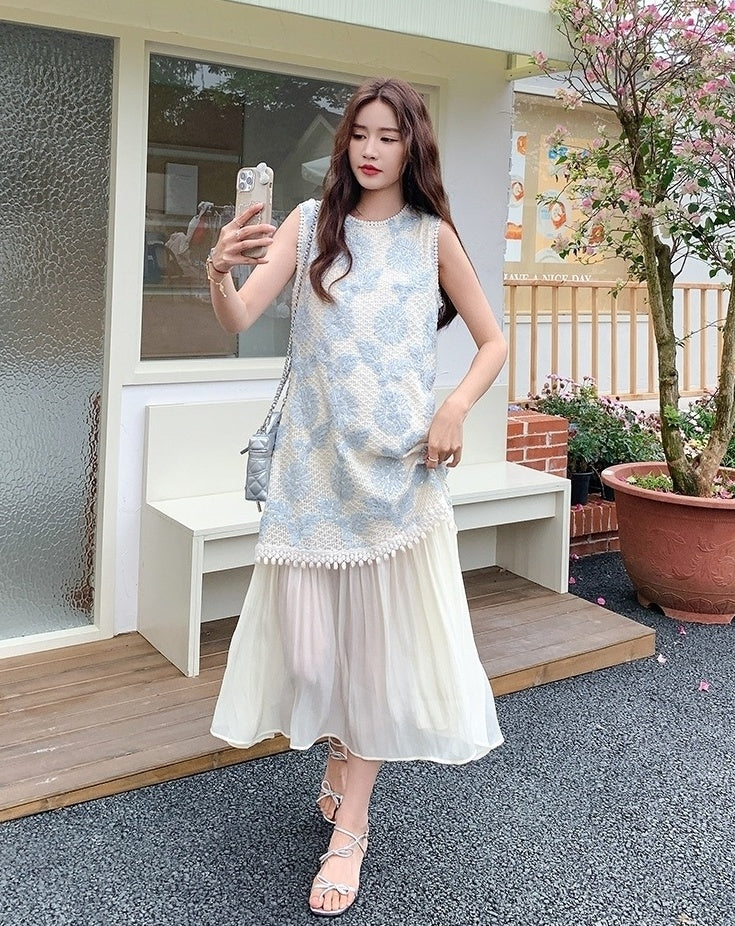 French Style Embroidered Layered Dress Summer Chic