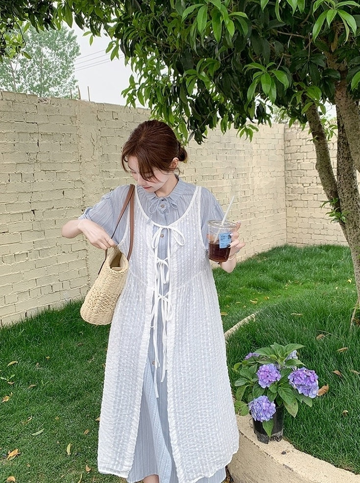 French Style Hollow Out Tie Waist Dress Set