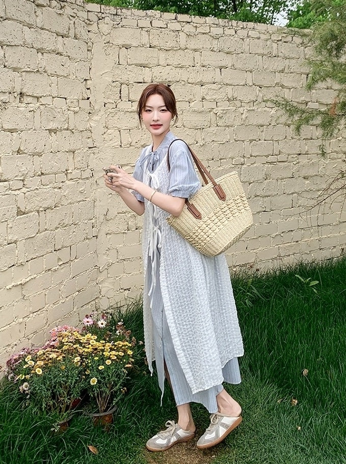 French Style Hollow Out Tie Waist Dress Set