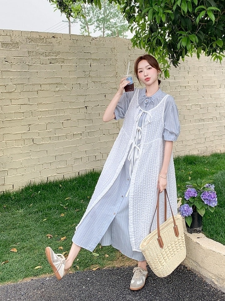 French Style Hollow Out Tie Waist Dress Set