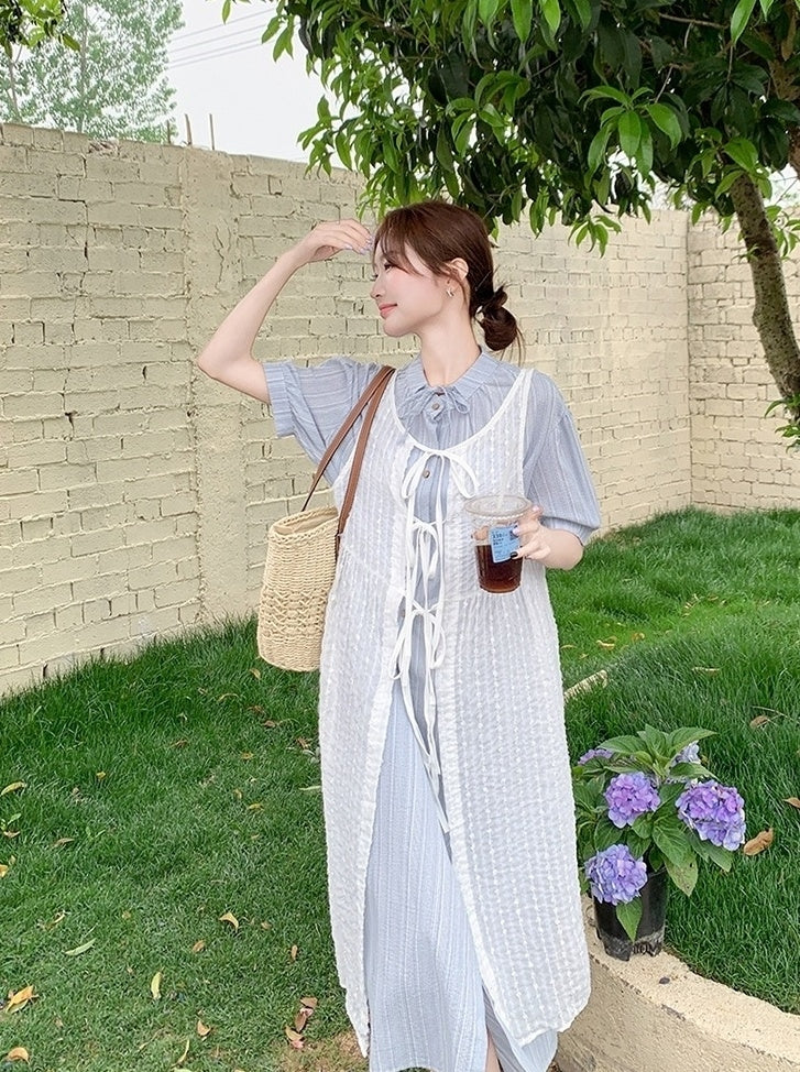 French Style Hollow Out Tie Waist Dress Set
