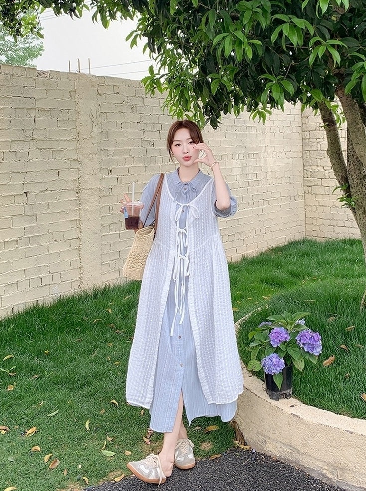 French Style Hollow Out Tie Waist Dress Set