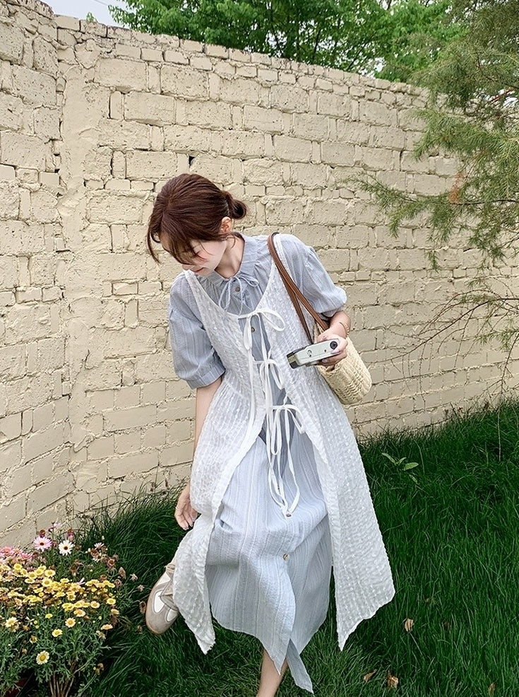 French Style Hollow Out Tie Waist Dress Set