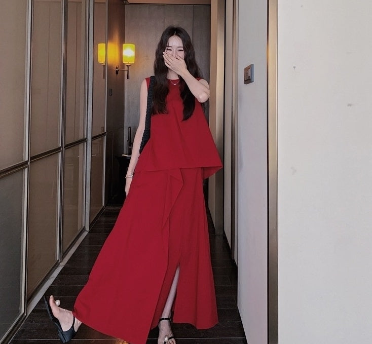French Style Irregular Vest And Split Skirt Set