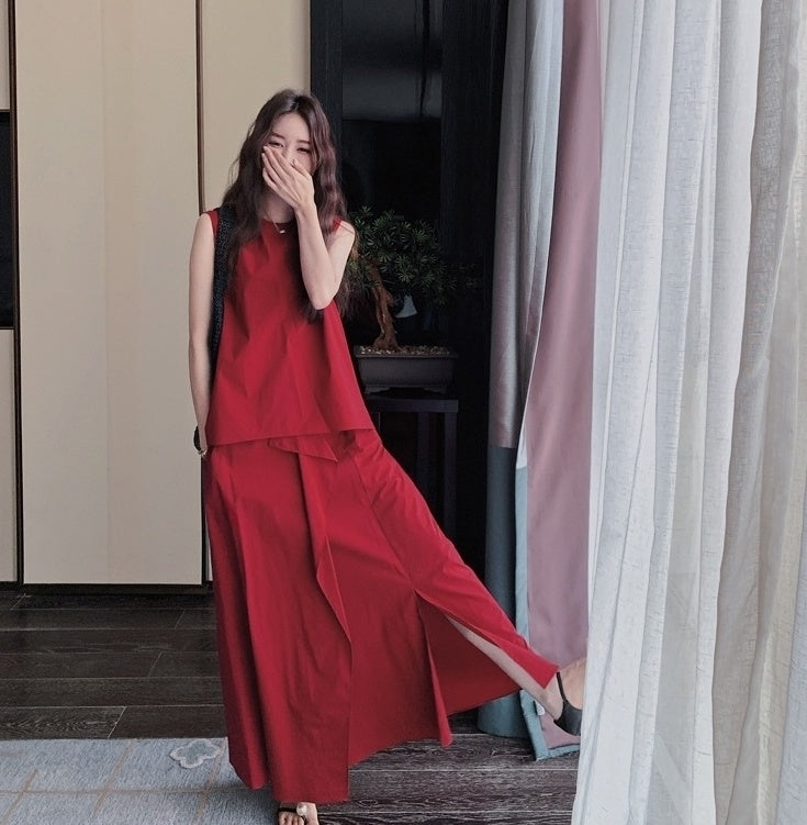 French Style Irregular Vest And Split Skirt Set