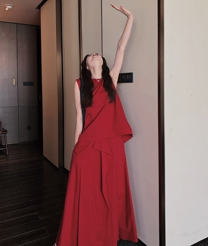 French Style Irregular Vest And Split Skirt Set