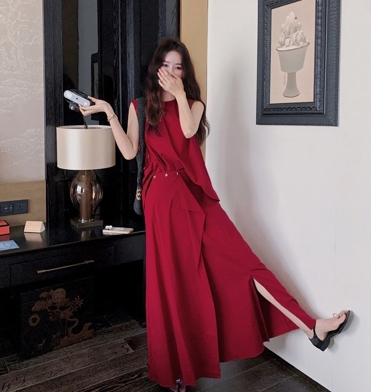 French Style Irregular Vest And Split Skirt Set
