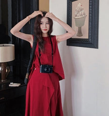 French Style Irregular Vest And Split Skirt Set