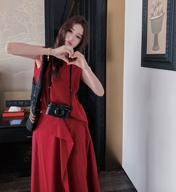 French Style Irregular Vest And Split Skirt Set