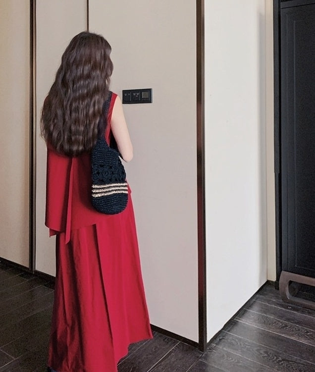 French Style Irregular Vest And Split Skirt Set