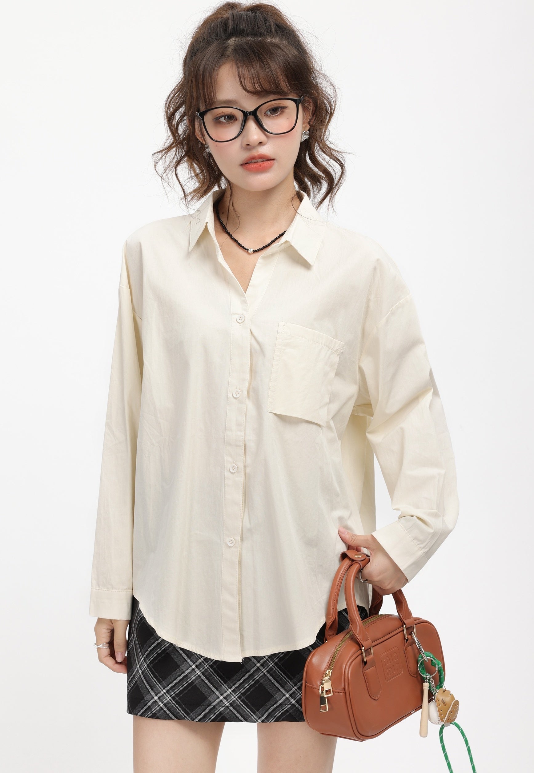 Apricot Collared Long Sleeve Shirt With Pocket