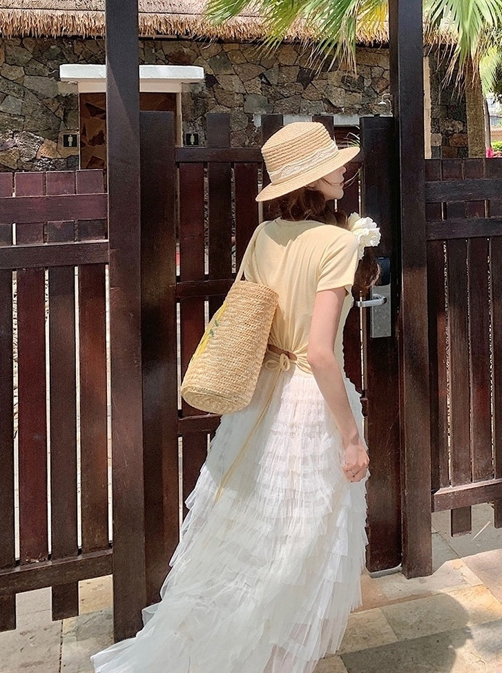 French Style Mesh Panel Skirt And Hollow Top Set