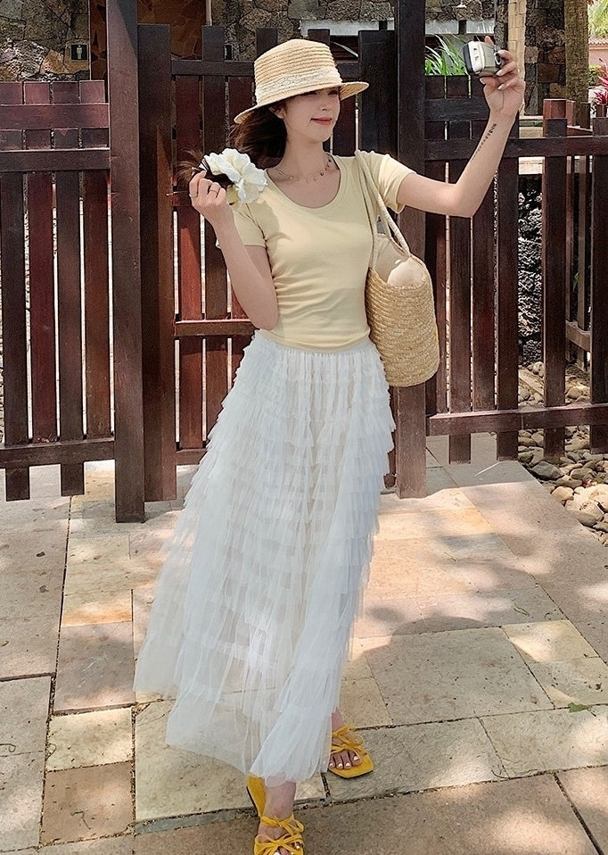 French Style Mesh Panel Skirt And Hollow Top Set