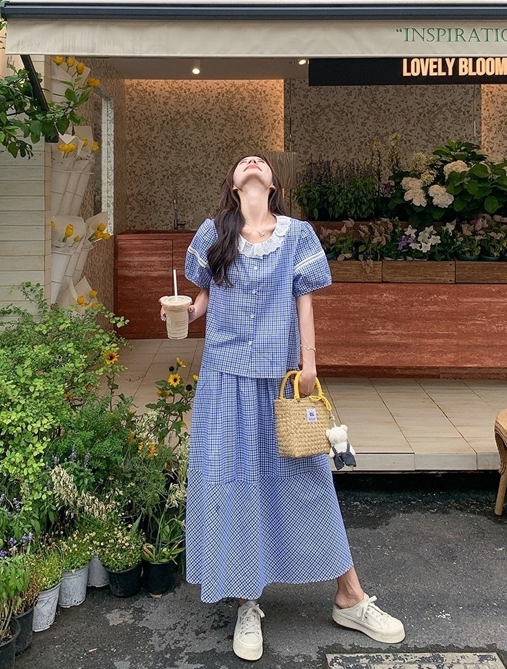 French Style Plaid Skirt And Top Set